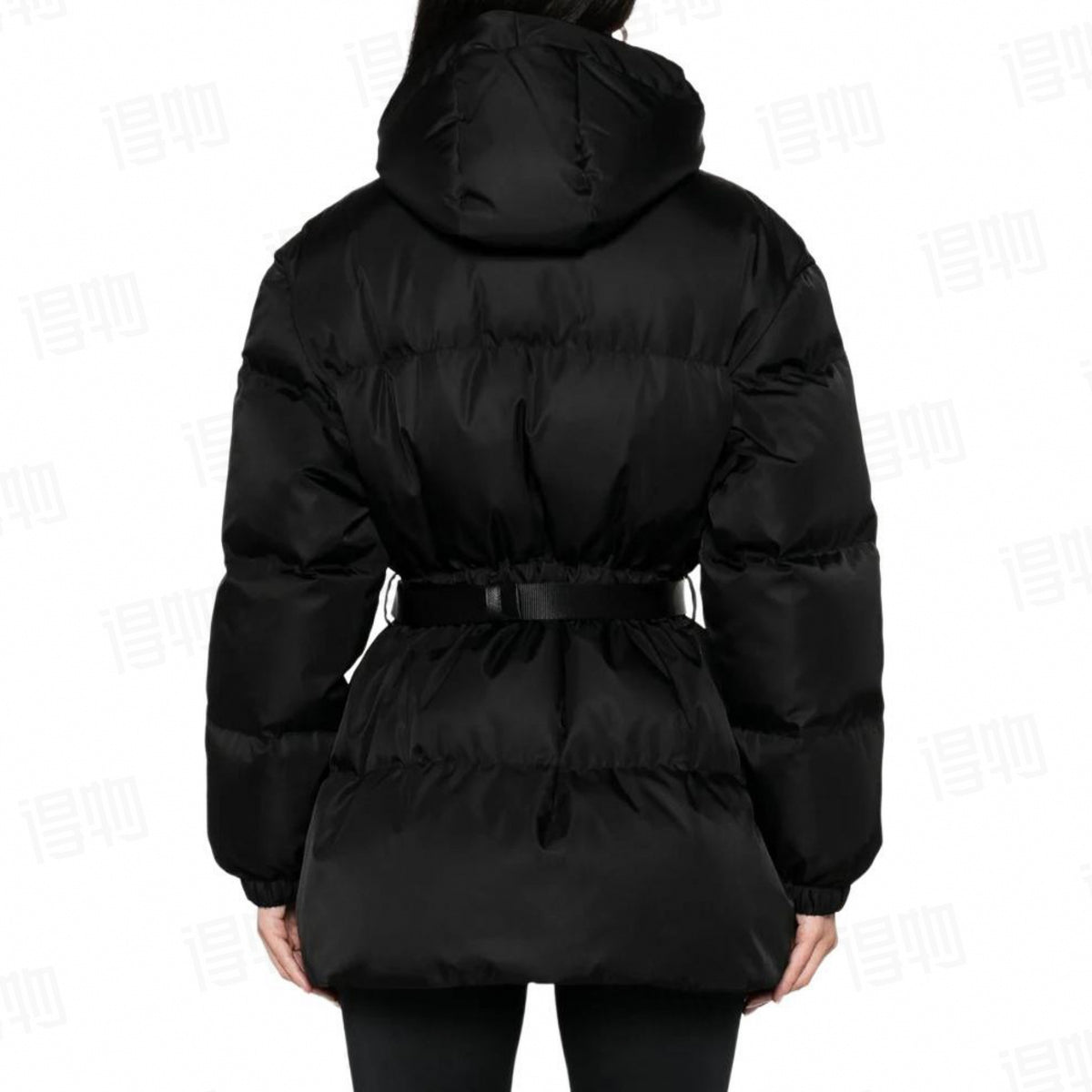 Belted Puffer Jacket with Pouch - Black