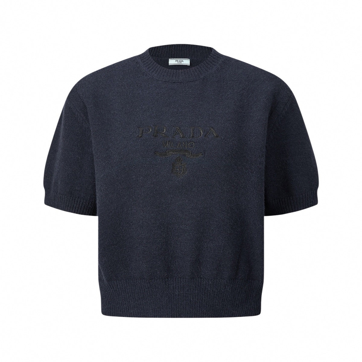 Tonal Embroidered Logo Short-Sleeve Knit Sweater in Dark Navy