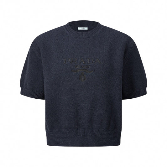 Tonal Embroidered Logo Short-Sleeve Knit Sweater in Dark Navy