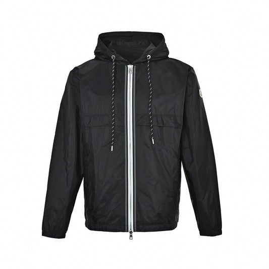 Striped-Trim Hooded Windbreaker - Black
