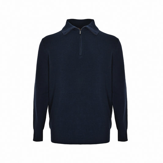 Navy Ribbed Quarter-Zip Knit Sweater