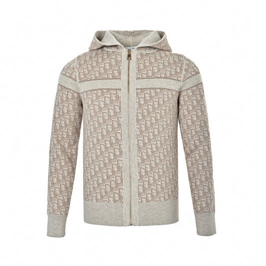 Reversible Oblique Lurex Jacquard Full-Zip Knit Hoodie in Beige & Metallic Bronze