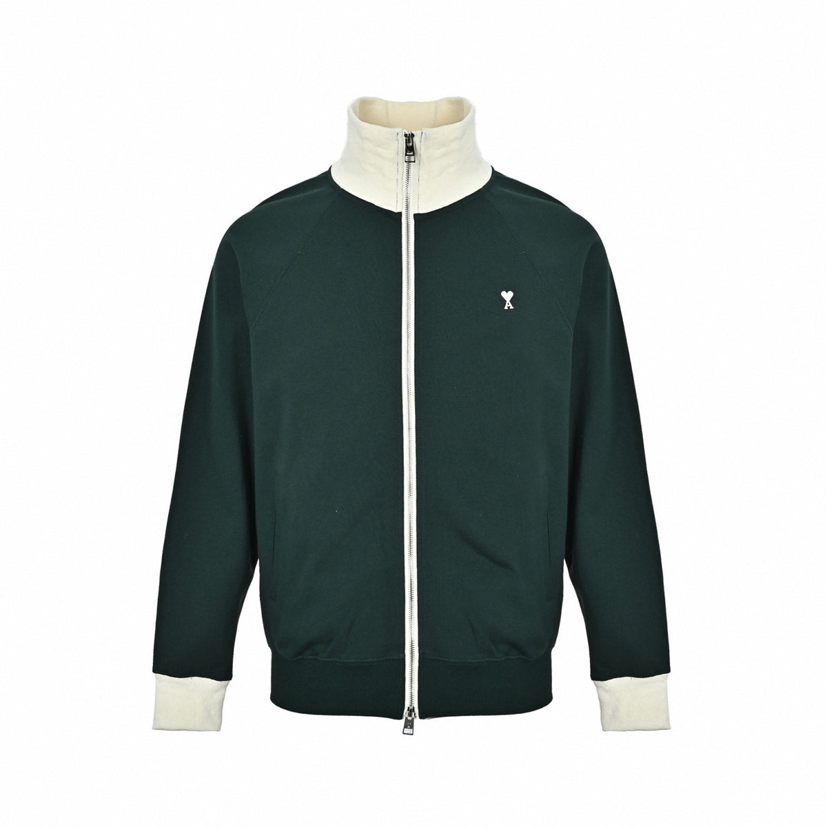Contrast Collar Zip-Up Track Jacket in Forest Green & Off-White