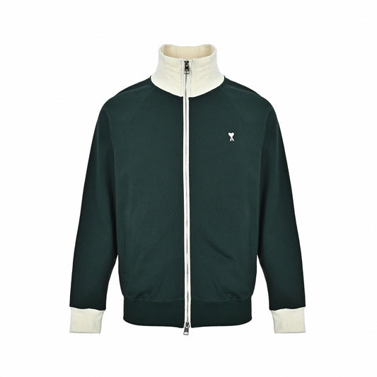 Contrast Collar Zip-Up Track Jacket in Forest Green & Off-White