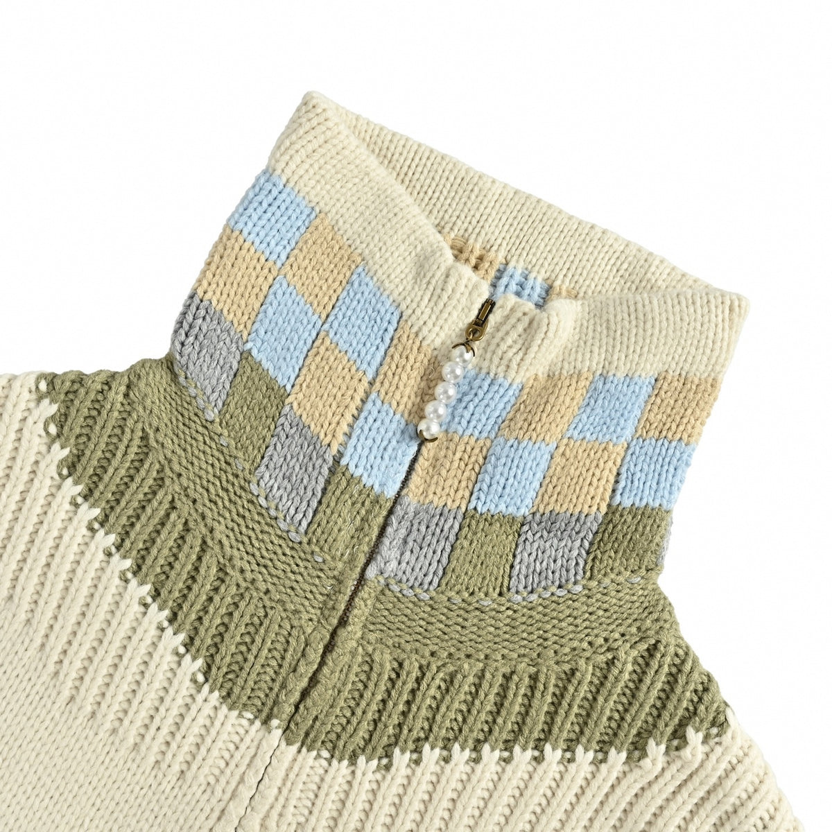 Damier-Trim Pearl-Zip Knit Cardigan