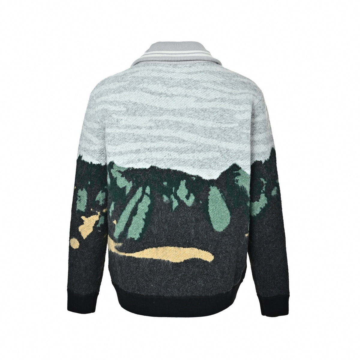 Landscape Intarsia Wool Full-Zip Cardigan Jacket in Grey & Multi