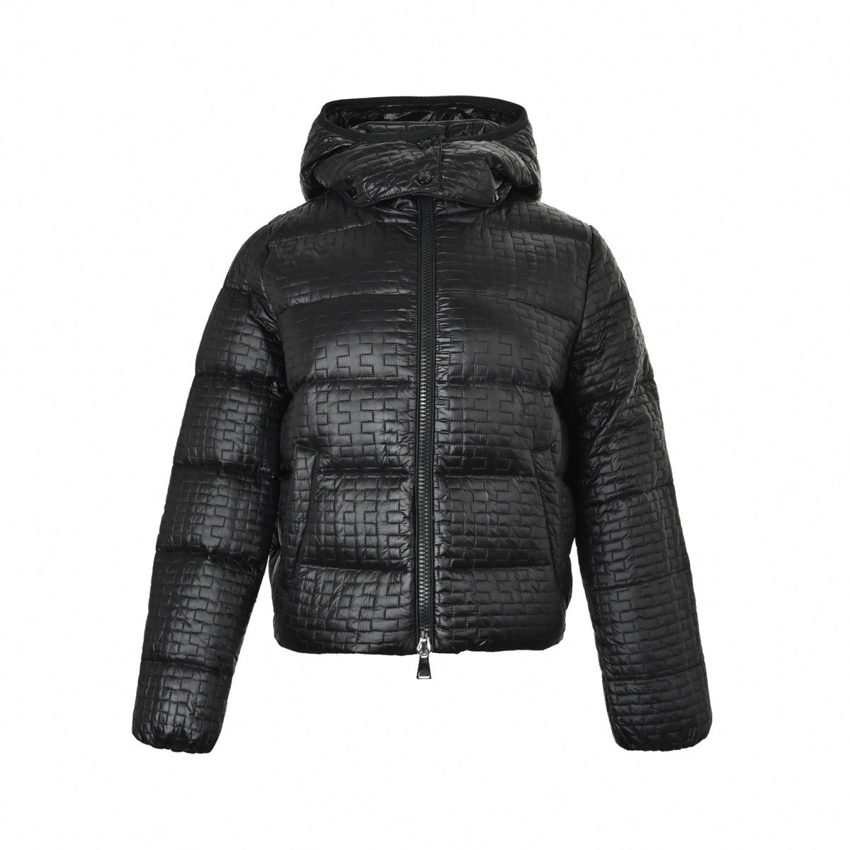 Embossed Brick Grid-Quilted Hooded Down Puffer Jacket in Glossy Black