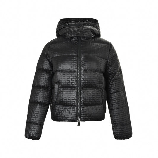 Embossed Brick Grid-Quilted Hooded Down Puffer Jacket in Glossy Black