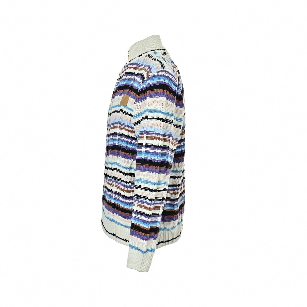 Striped Cable-Knit Full-Zip Sweater Jacket with Leather Patch