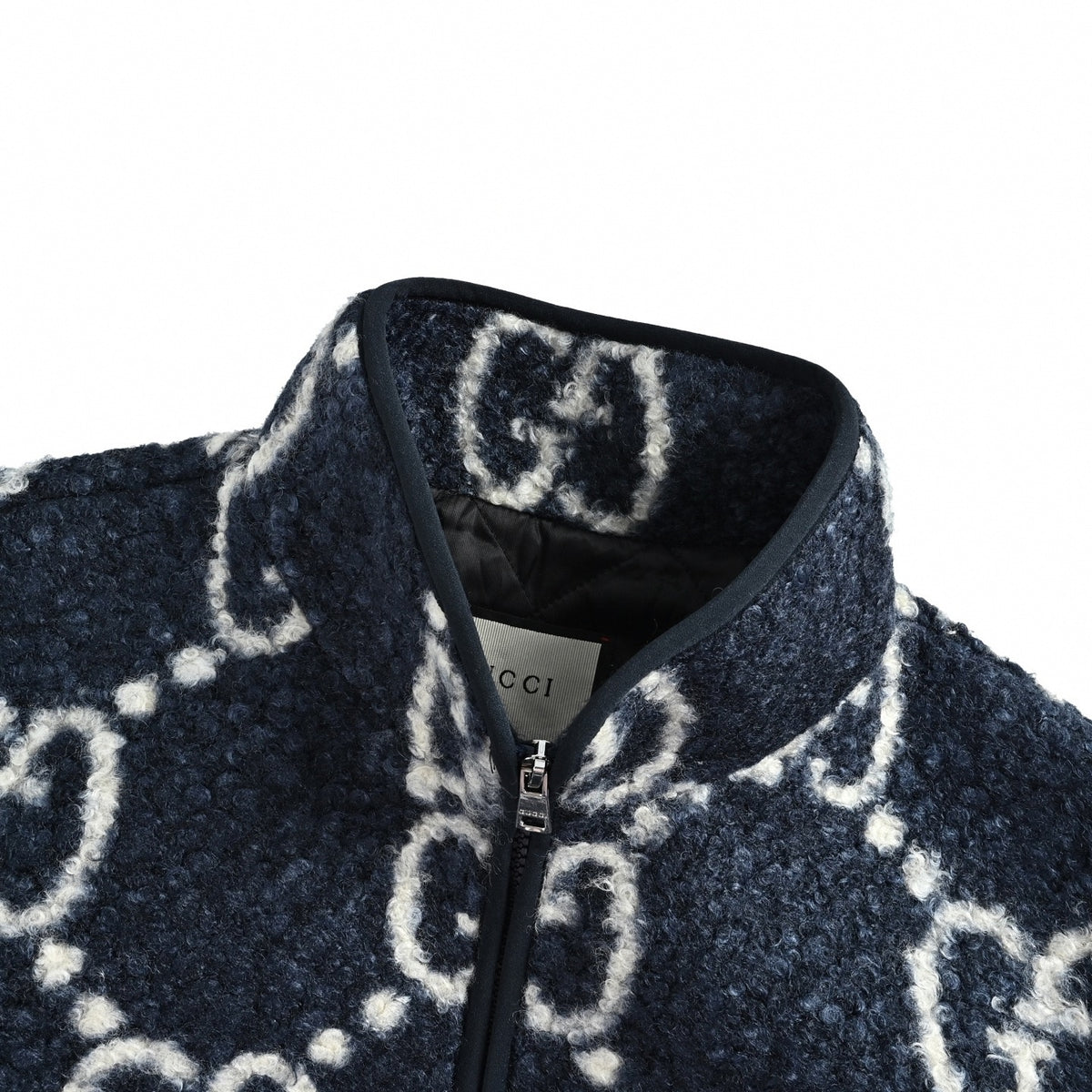 Maxi GG Wool Bouclé Fleece Zip Jacket in Navy Blue & Off-White