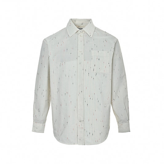 Textured Fil-Coupé Pinstripe Shirt with Pearl Cuffs in Off-White