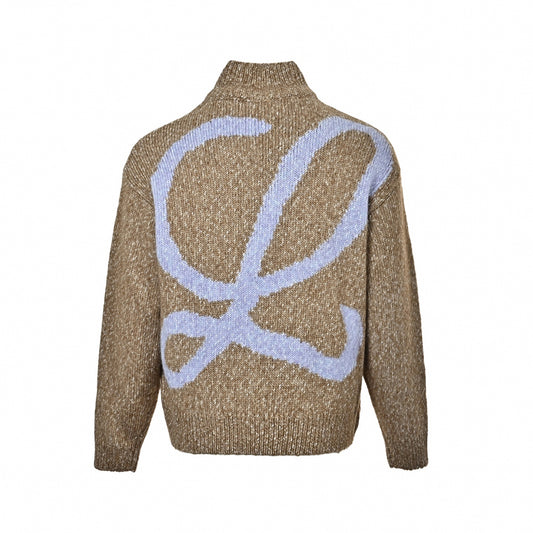 Oversized Script Logo Full-Zip Knit Cardigan in Marled Beige & Lavender