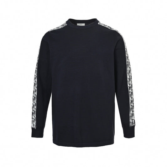 Oblique Sleeve Stripe Cotton Knit Crewneck