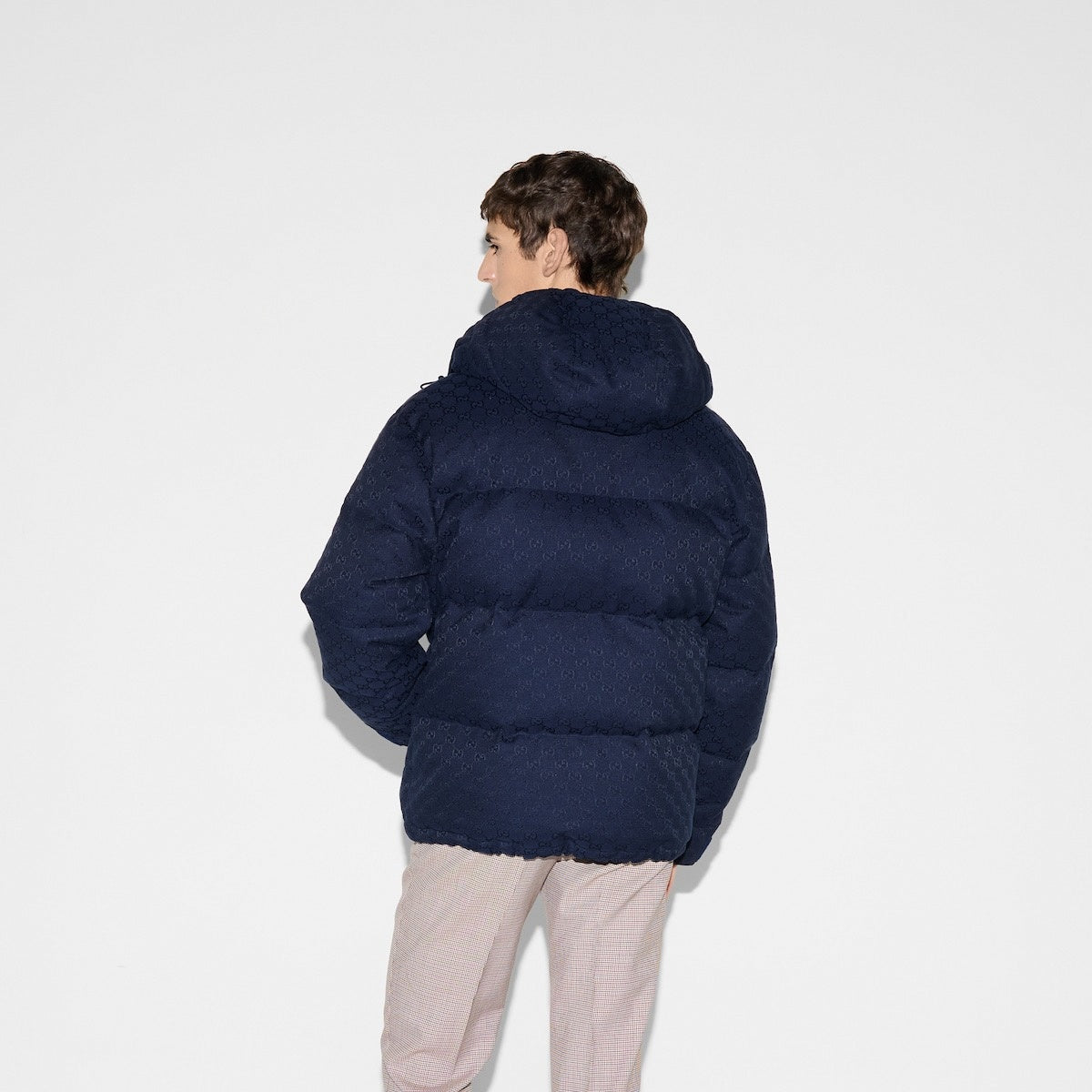 GG Jacquard Canvas Hooded Down Puffer Jacket in Dark Navy