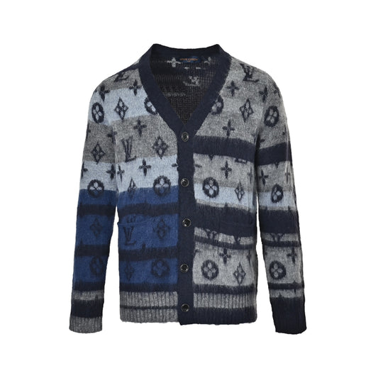 Gradient Striped Monogram Brushed Mohair Cardigan in Blue & Grey