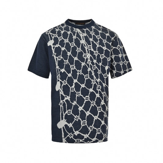 Asymmetrical Monogram Net Knit T-Shirt | Navy Blue