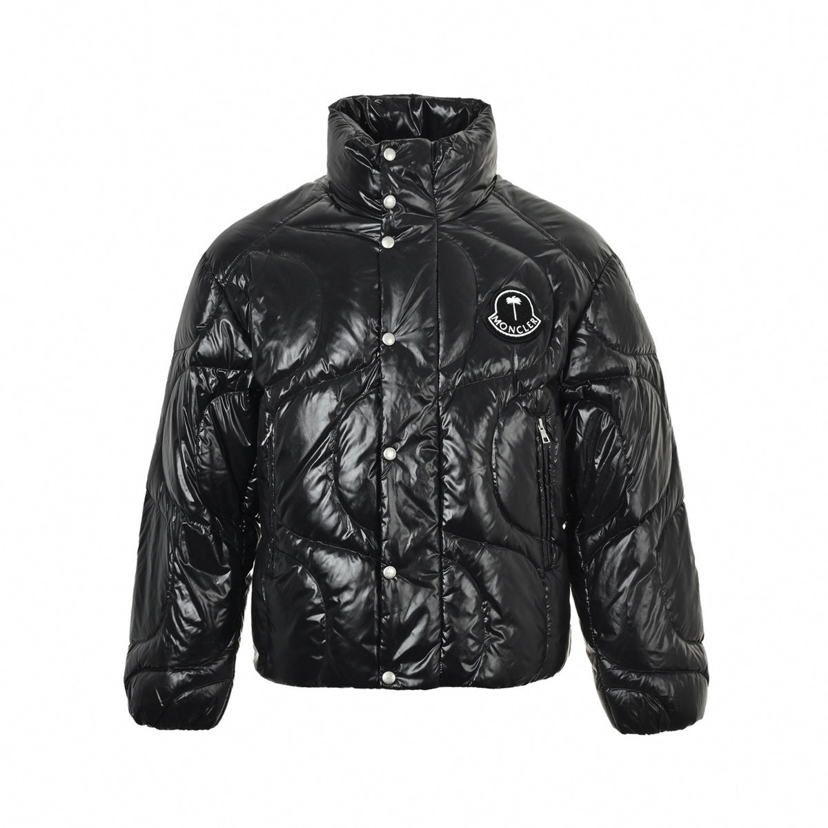 Shiny Wave-Quilted Down Puffer Jacket in Glossy Black