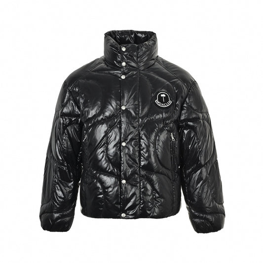 Shiny Wave-Quilted Down Puffer Jacket in Glossy Black