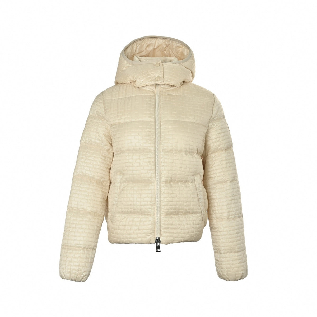 Embossed Brick Grid-Quilted Hooded Down Puffer Jacket in Off-White