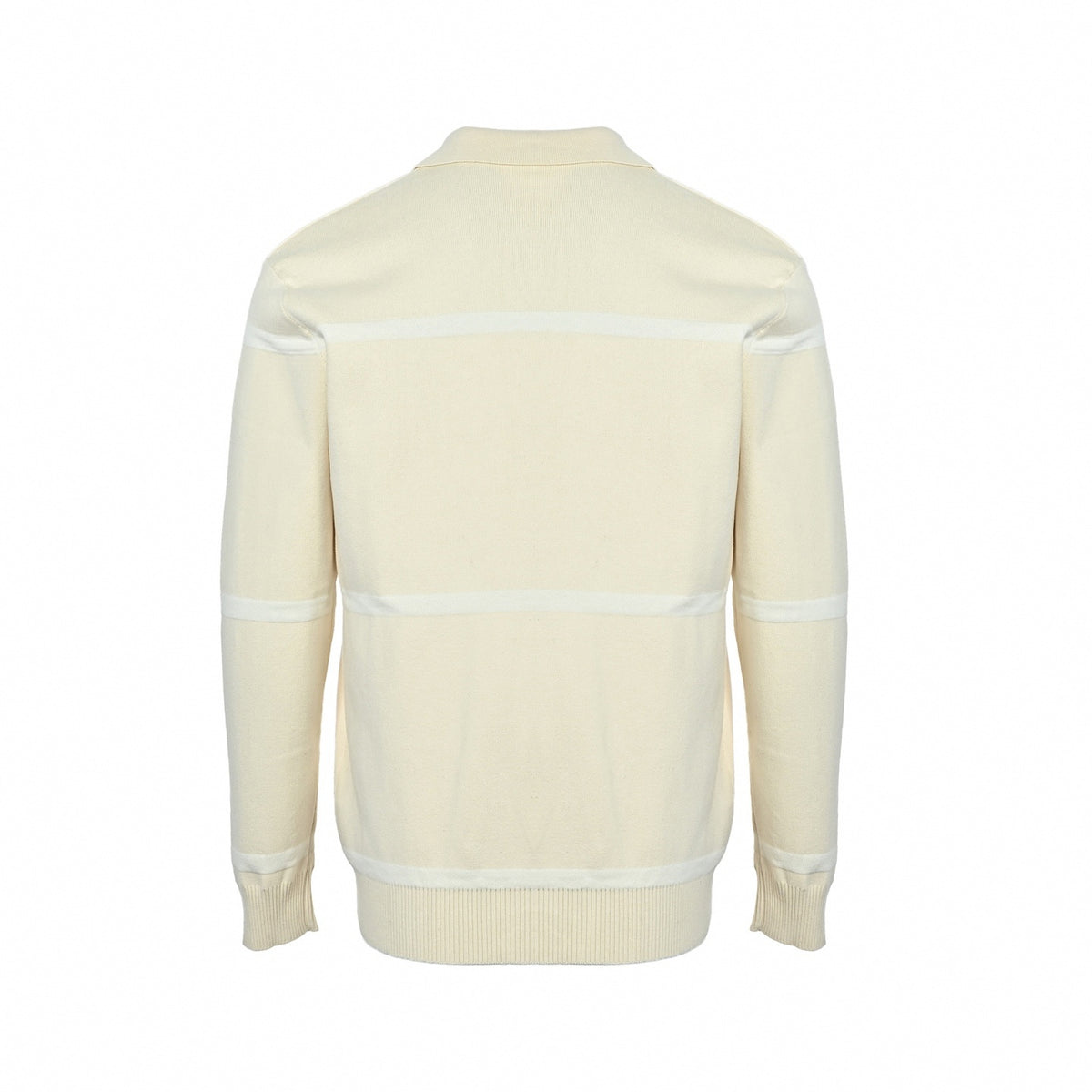 Striped Long-Sleeved Knit Polo Jumper in Cream & Tan Leather Patch