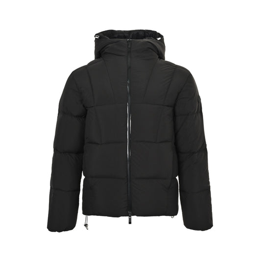 Matte Grid-Quilted Hooded Down Puffer Jacket in Matte Black
