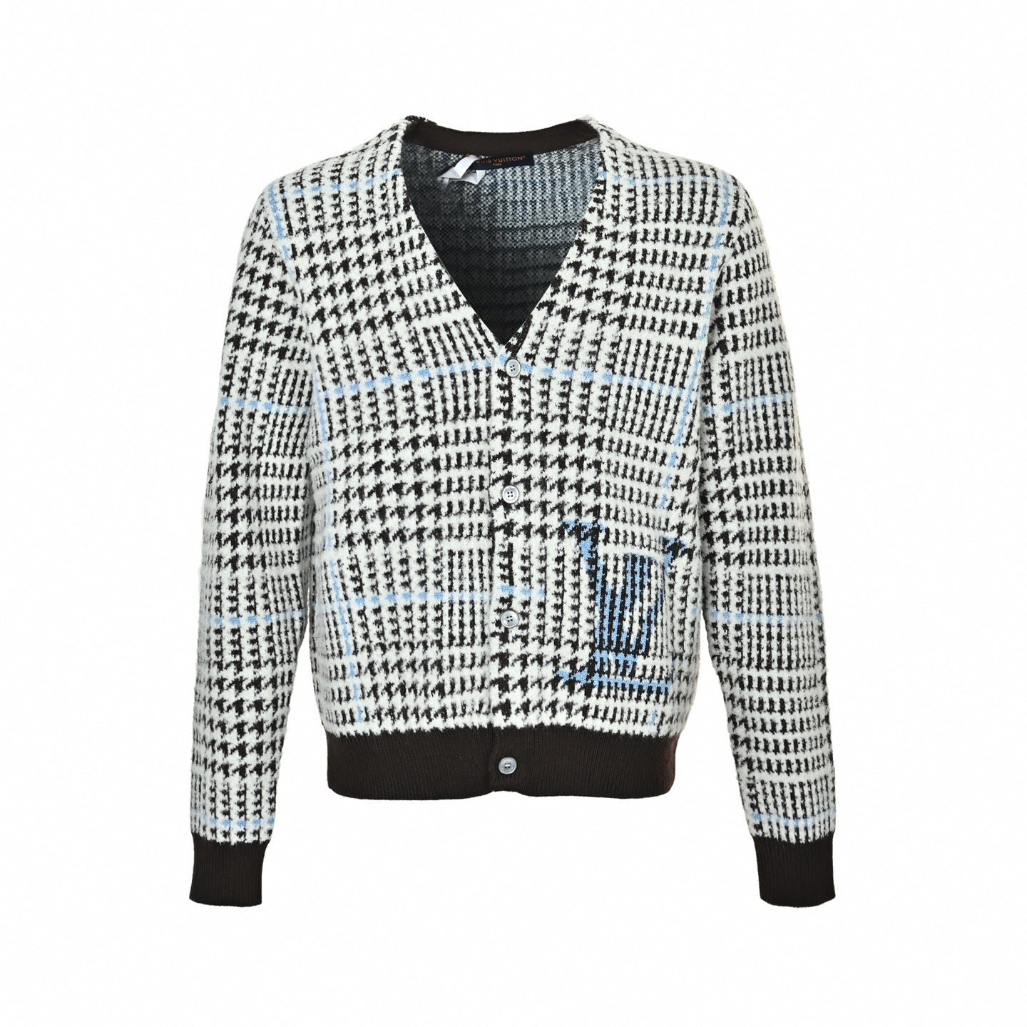 Brushed Houndstooth Intarsia Cardigan - Black/White/Light Blue