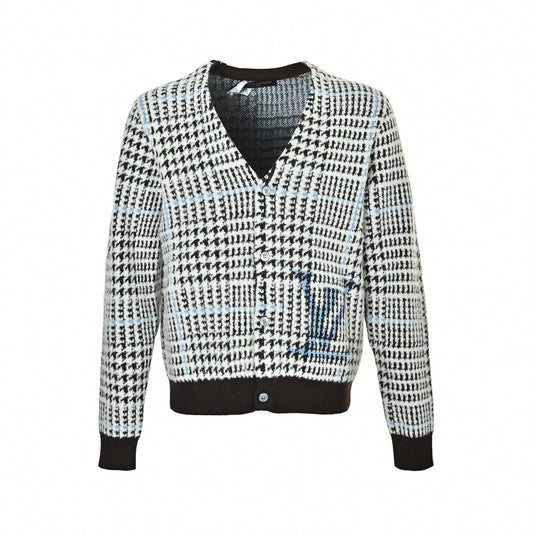 Brushed Houndstooth Intarsia Cardigan - Black/White/Light Blue