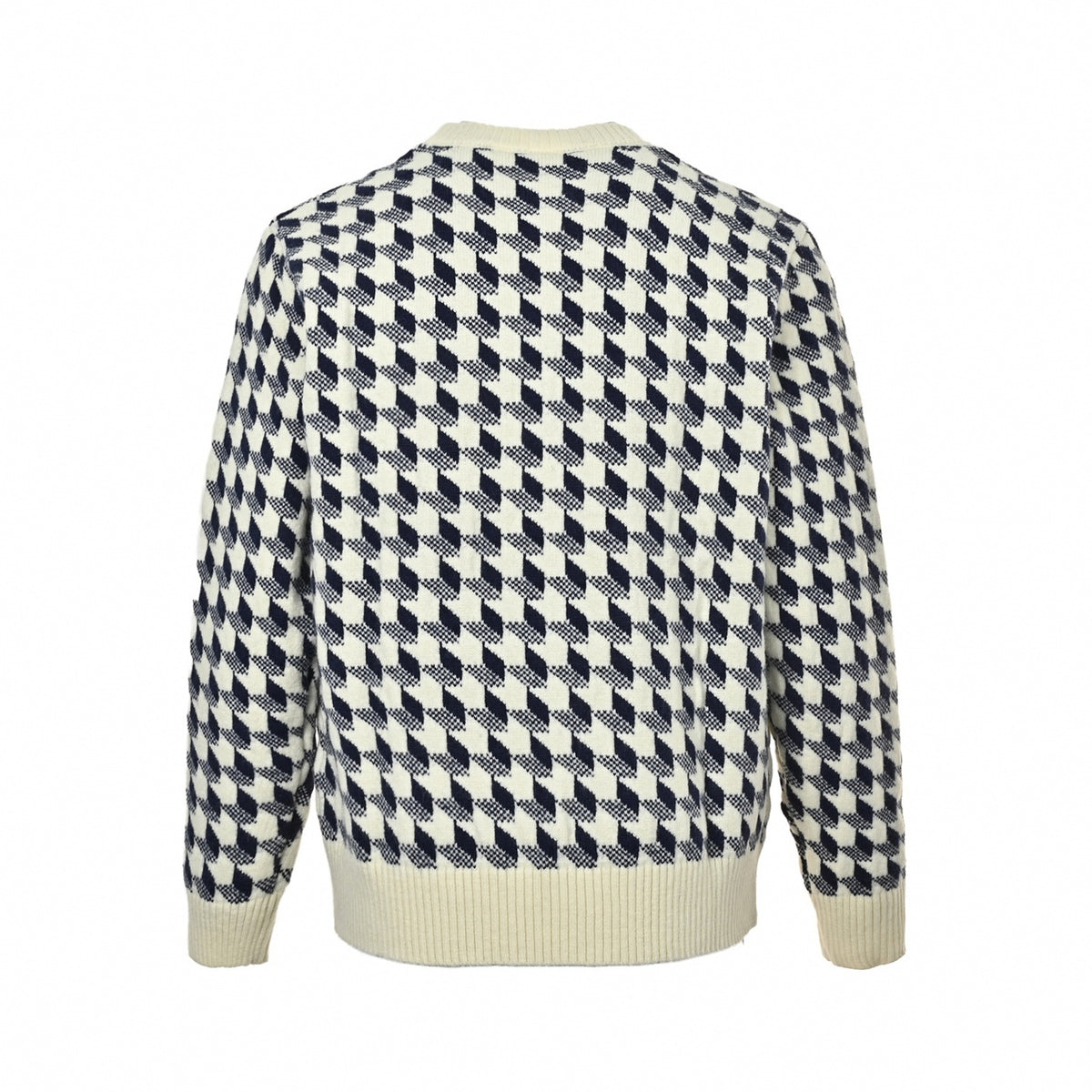 Graphic Jacquard Knit Crewneck Sweater in Off-White & Navy