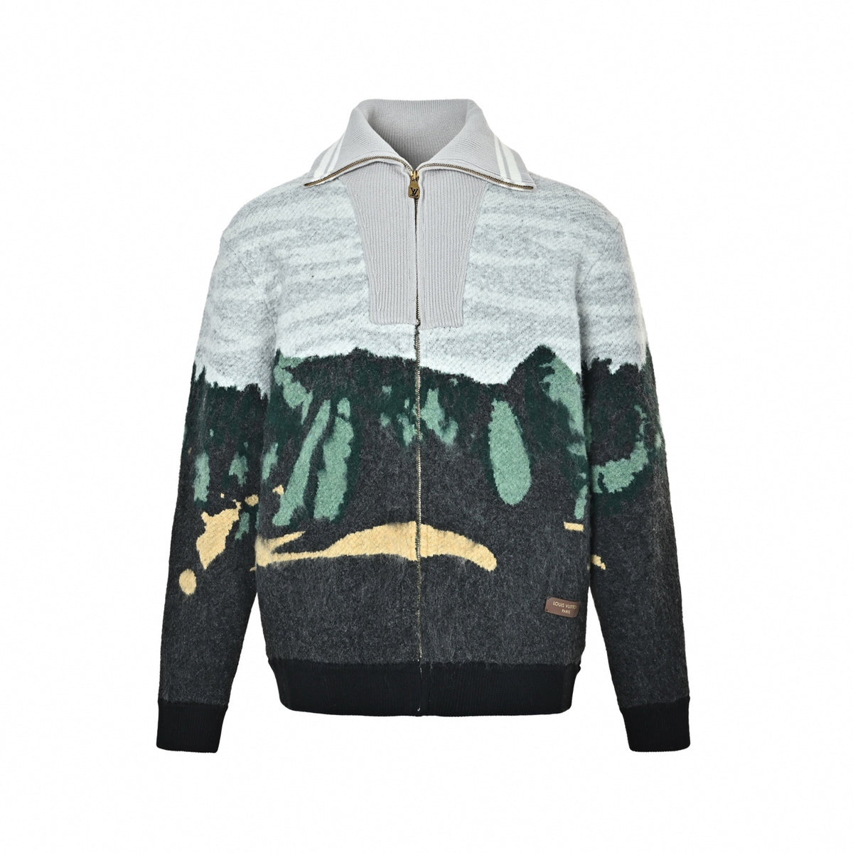 Landscape Intarsia Wool Full-Zip Cardigan Jacket in Grey & Multi