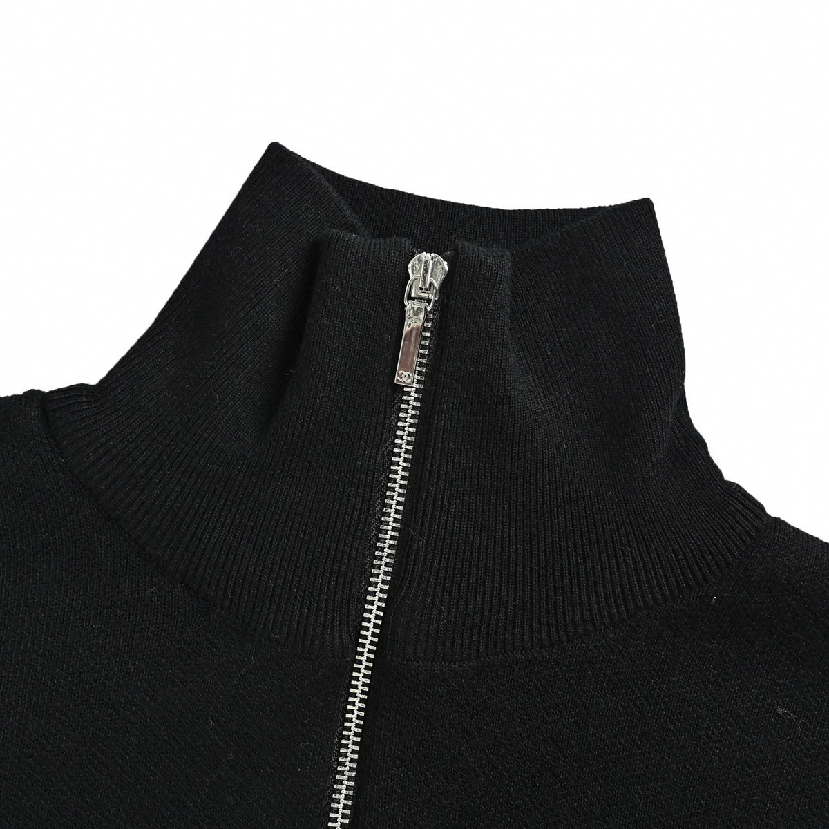 Metal CC Back Logo Half-Zip Wool Knit Sweater in Black