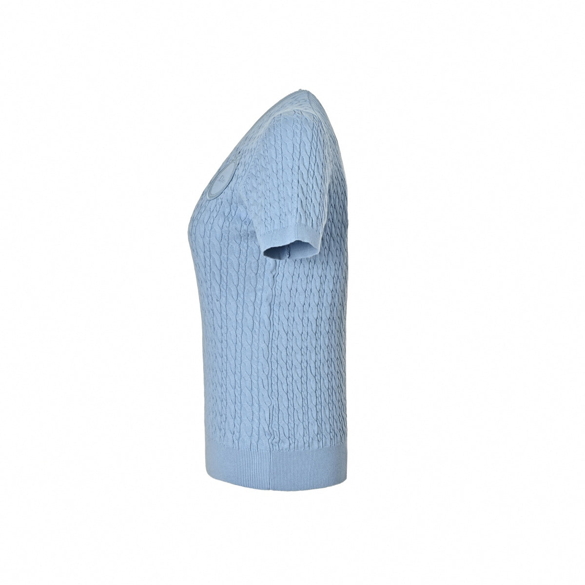 Cable Knit Short-Sleeve Sweater with Crest - Light Blue