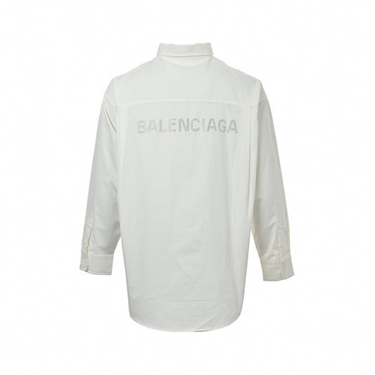 Rhinestone Back Logo Cotton Button-Down Oversized Shirt in White