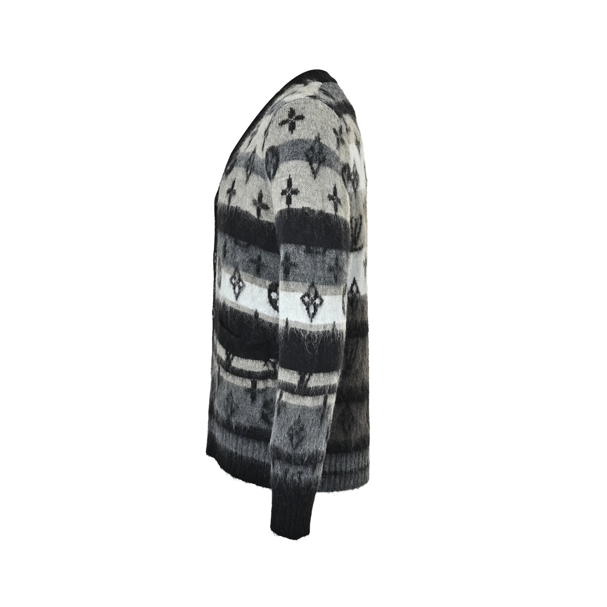 Gradient Striped Monogram Brushed Mohair Cardigan in Charcoal & Off-White