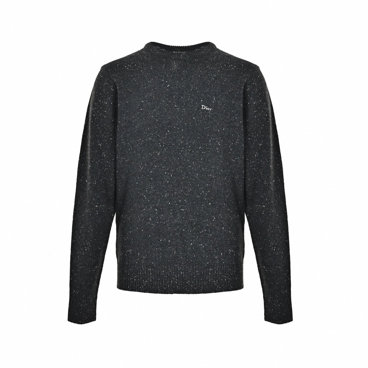 Cursive Embroidered Speckled Wool Crewneck Sweater in Charcoal Grey