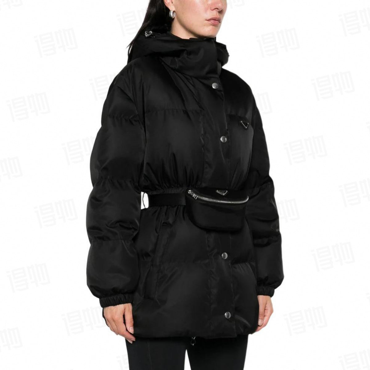 Belted Puffer Jacket with Pouch - Black