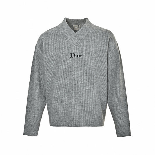 Embroidered Logo Ribbed V-Neck Sweater - Grey