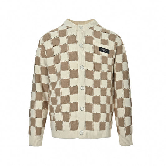 Damier Intarsia Knit Cardigan in Beige & Cream