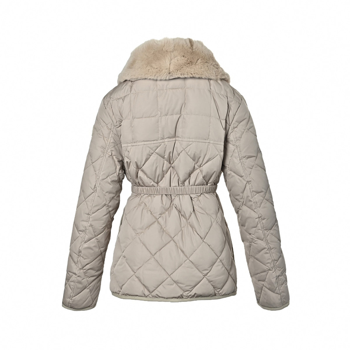 Diamond Quilted Fur-Collar Belted Jacket in Beige