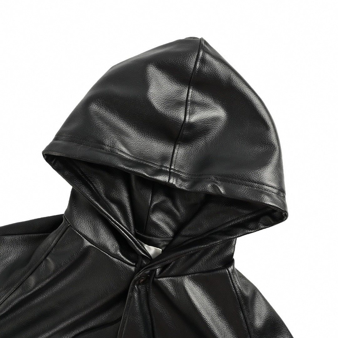 Tonal Leather Hooded Varsity Jacket | Black