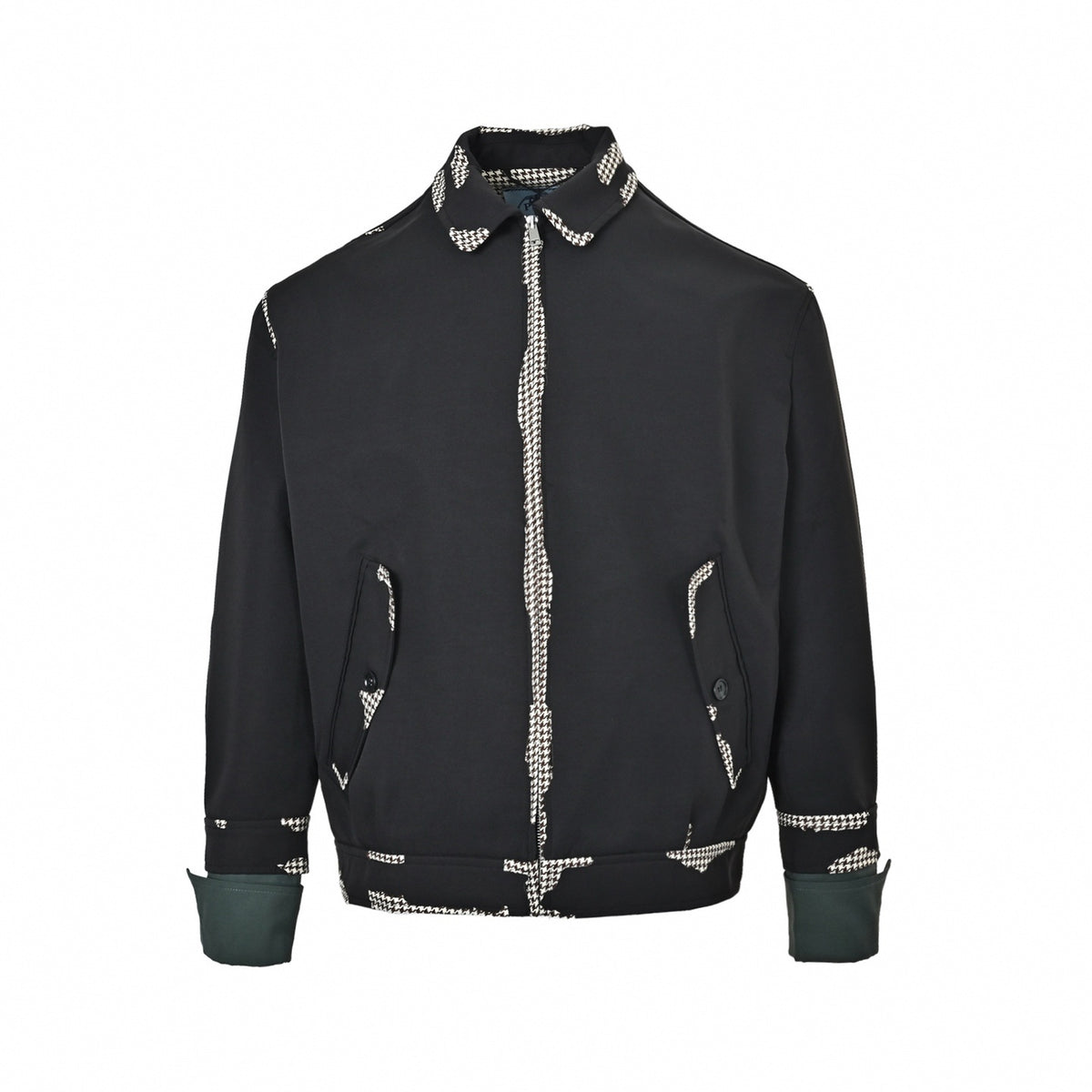 Houndstooth-Trimmed Blouson Jacket in Black & Forest Green