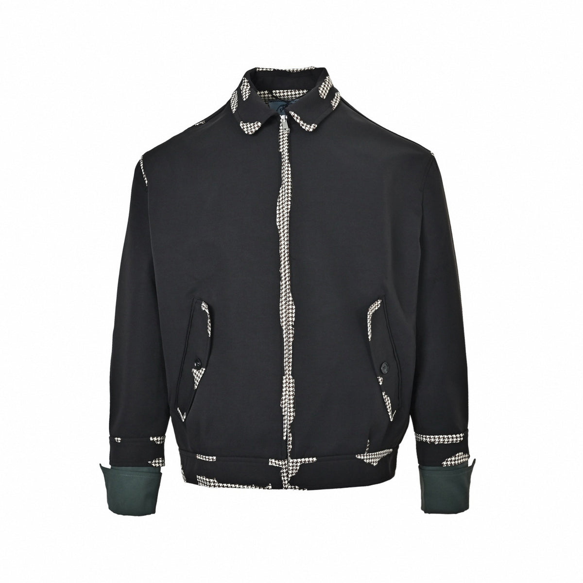 Houndstooth-Trimmed Blouson Jacket in Black & Forest Green