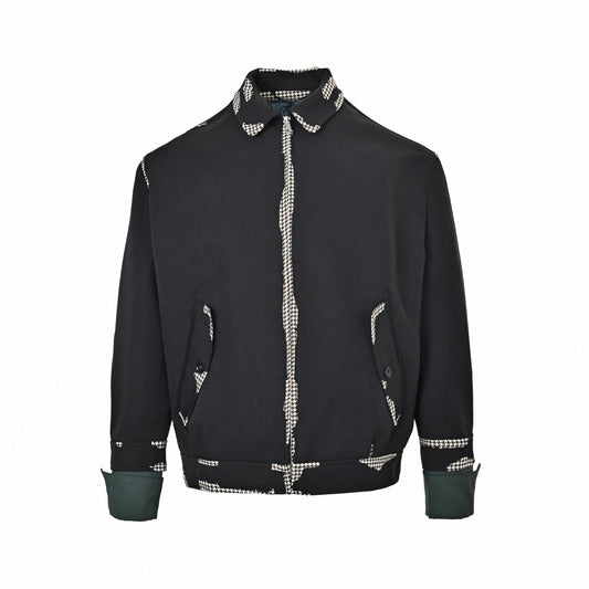 Houndstooth-Trimmed Blouson Jacket in Black & Forest Green