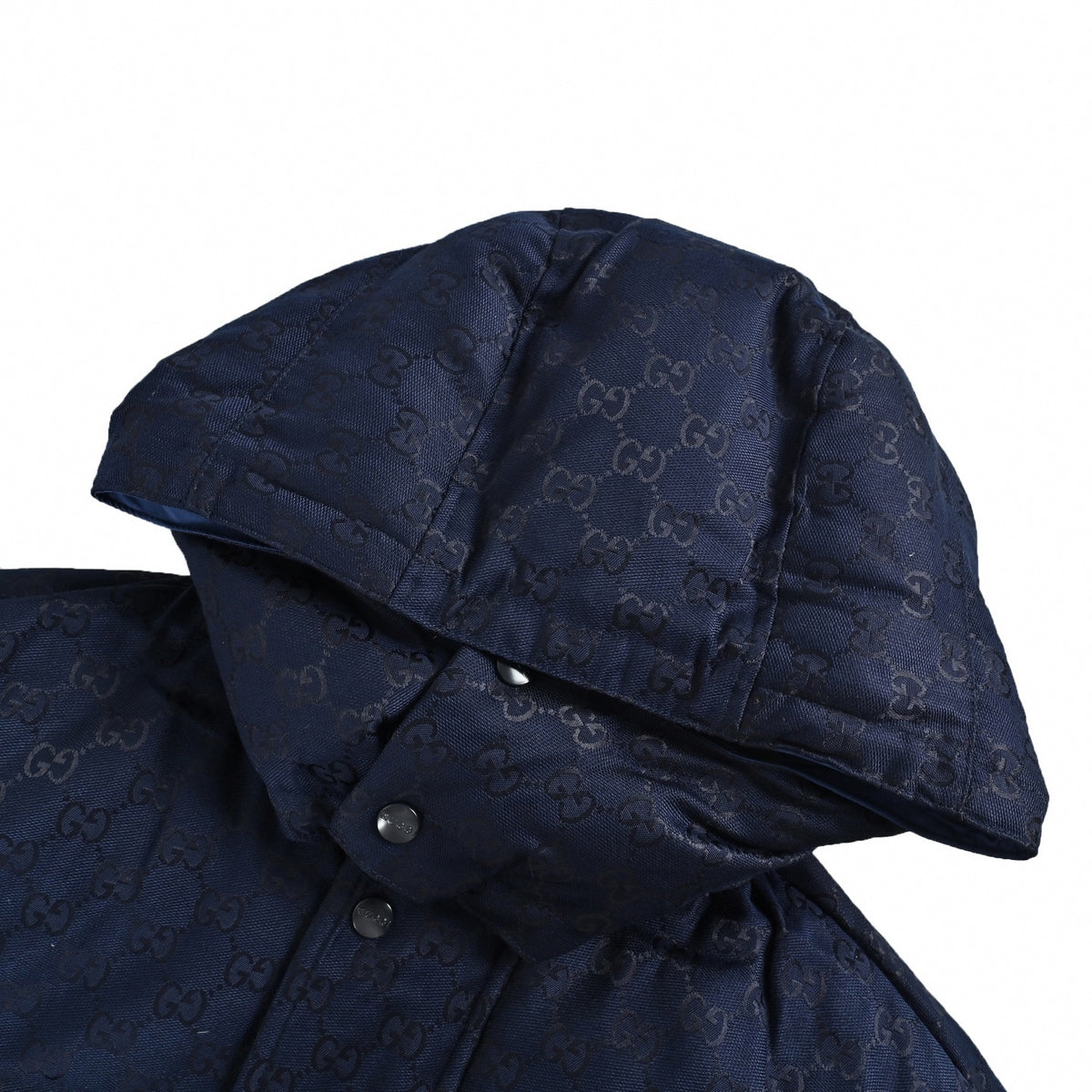 GG Jacquard Canvas Hooded Down Puffer Jacket in Dark Navy