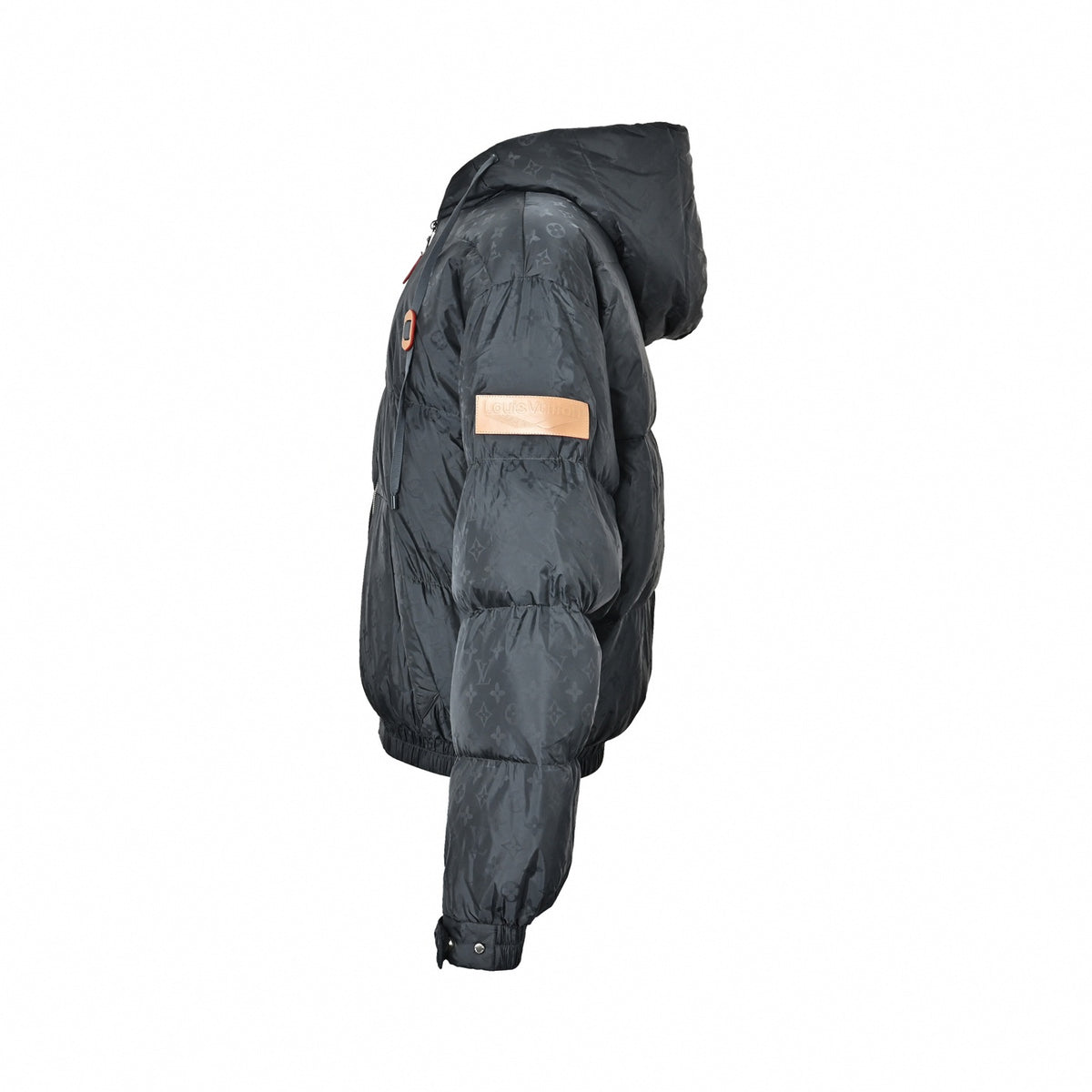 Monogram Jacquard Hooded Down Puffer in Charcoal Grey