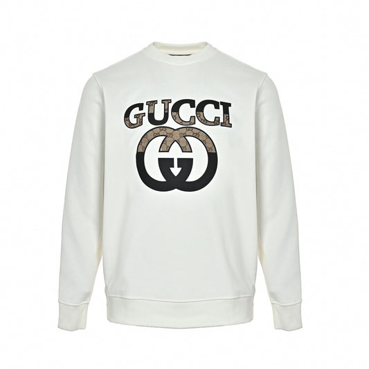 Interlocking G & GG Canvas Logo Appliqué Crewneck Sweatshirt in Off-White