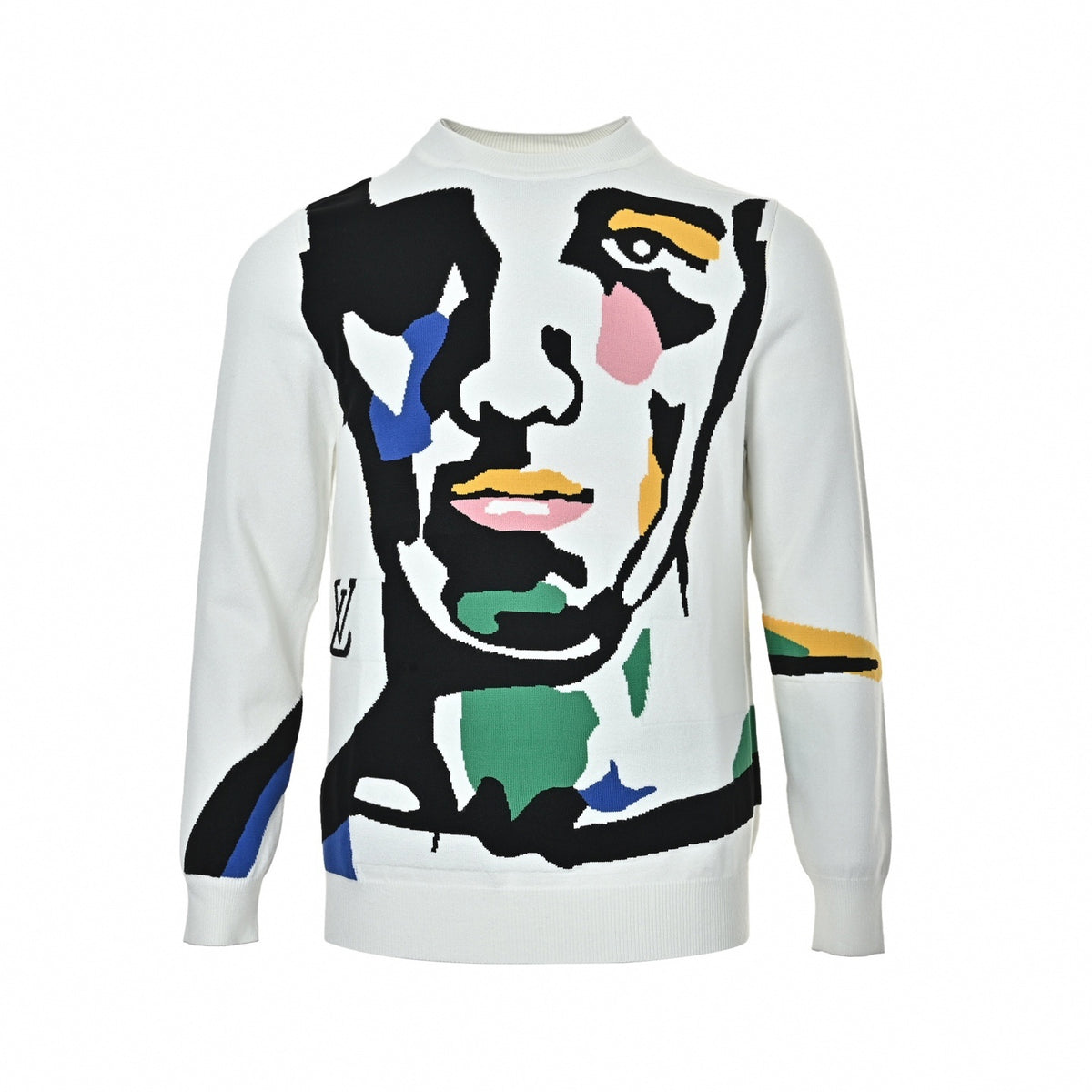 Abstract Portrait Jacquard Crewneck Sweater in Off-White
