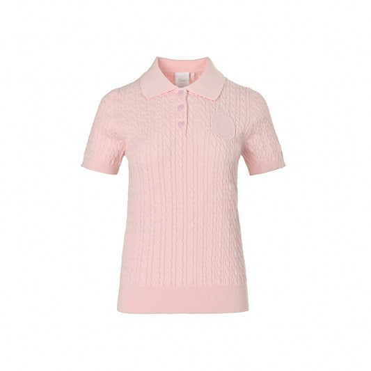 Cable Knit Short-Sleeve Polo - Light Pink