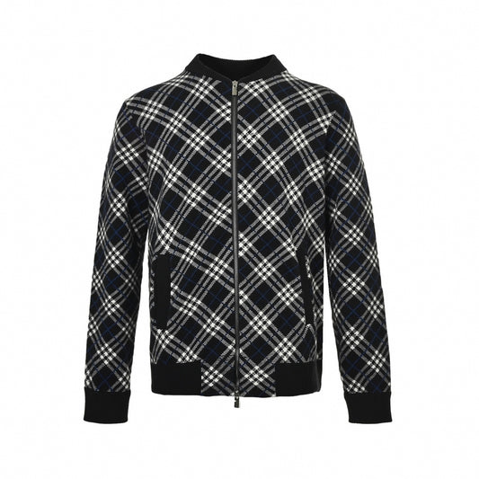 Diagonal Check Knit Zip-Up Jacket