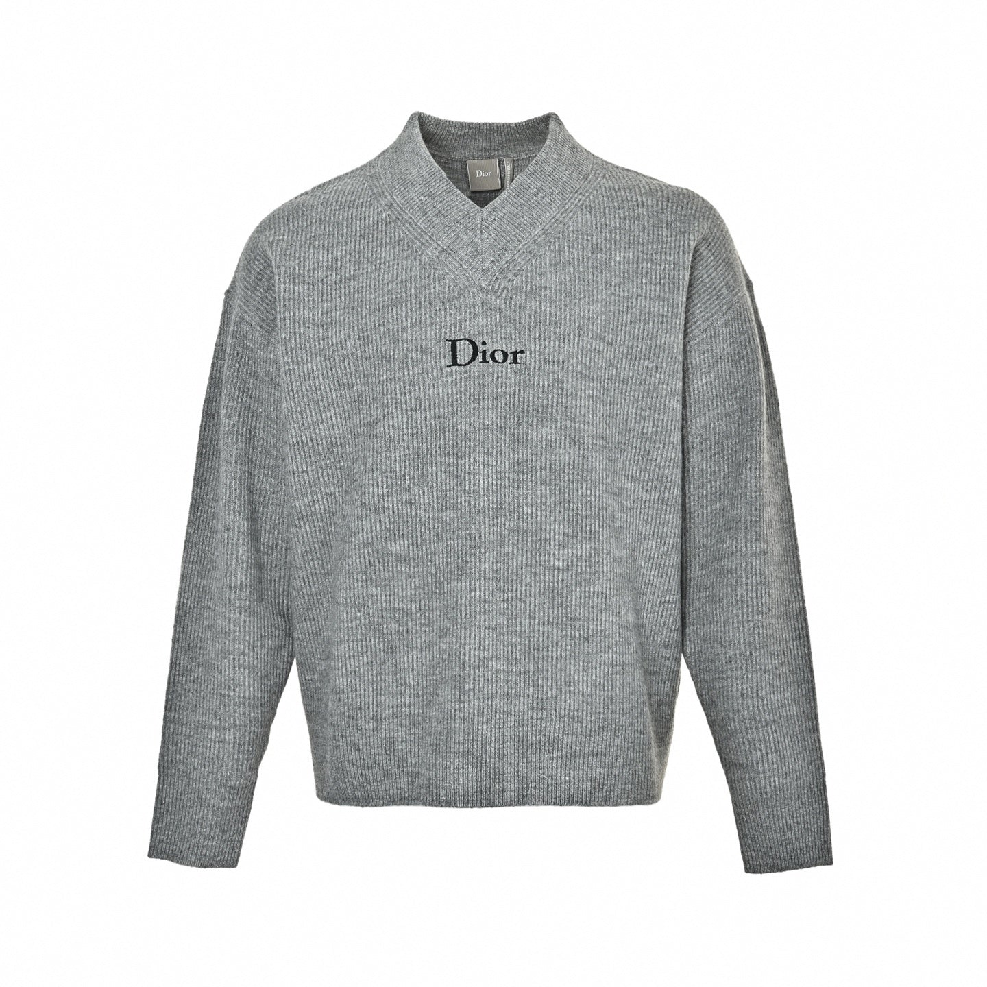 Embroidered Logo Ribbed V-Neck Sweater - Grey