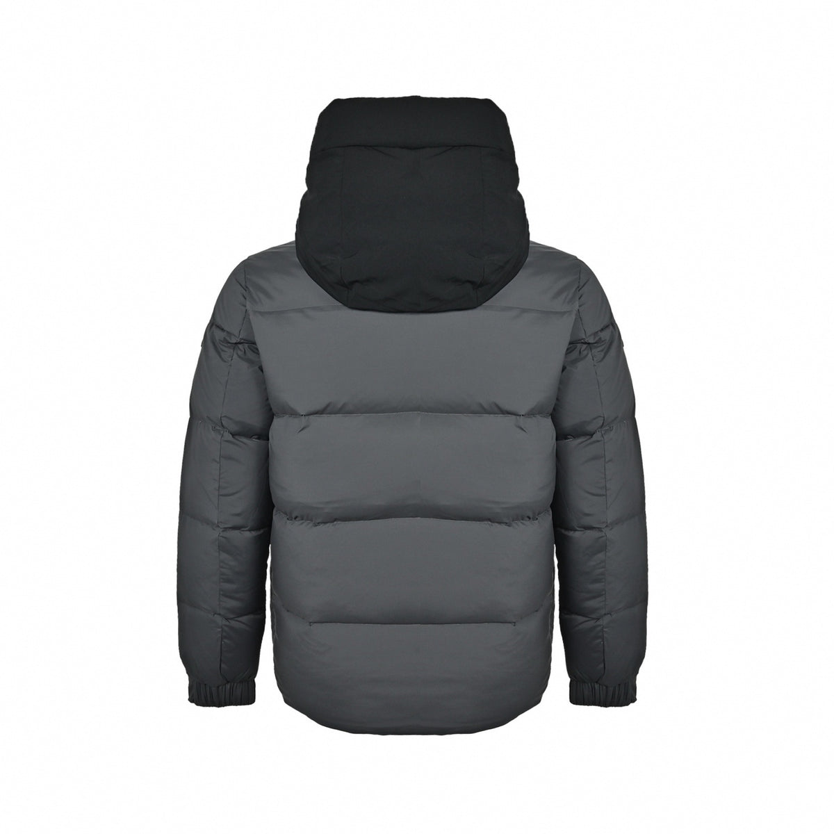 Madeira Embossed Logo Hooded Short Down Jacket in Charcoal Grey & Black